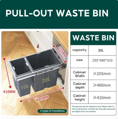 HOME OF HAPPINESS Trash Bin Pull Out Trash Bin Kitchen Double Trash Bin 30L/40L With Lid Damper Storage Bucket Cabinet Household