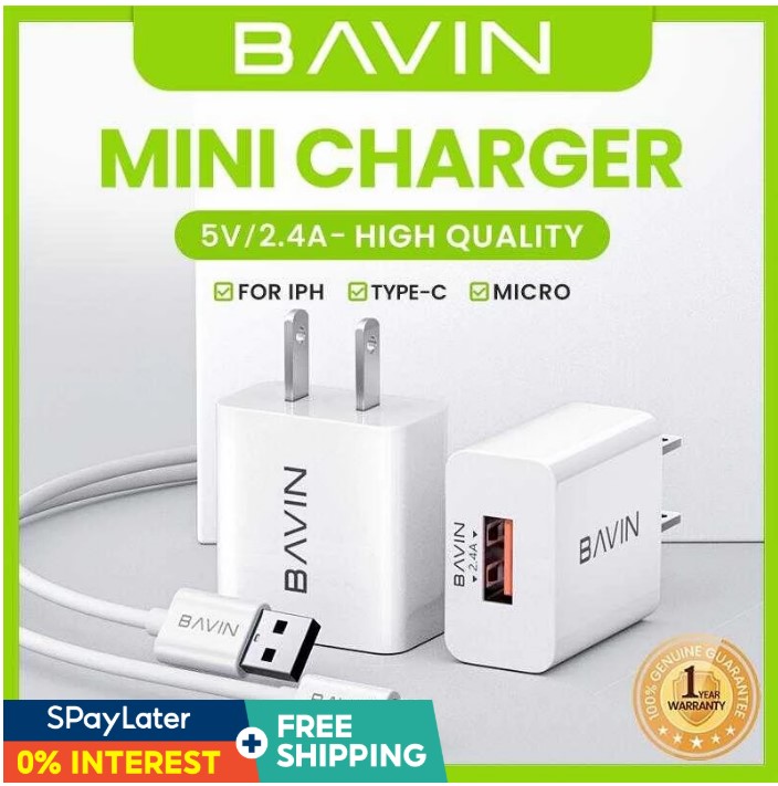 BAVIN PC516 2.4A Mini Wall Charger + 1m Cable Smart 5.0 Chip Universal USB Adapter for iPh Micro Type-C Phones & Tablet