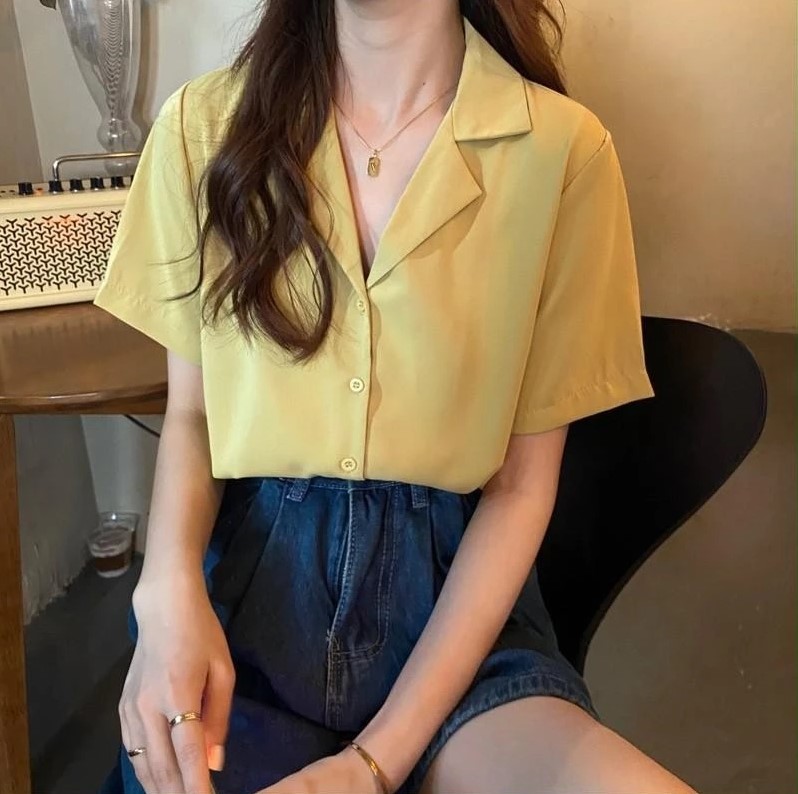 Women’s Korean Style Plain Color Loose Top – Casual Short Sleeve Blouse